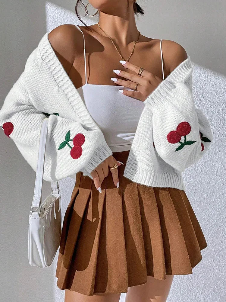 Embroidered Cherry Knit Cardigan - Piña Colada