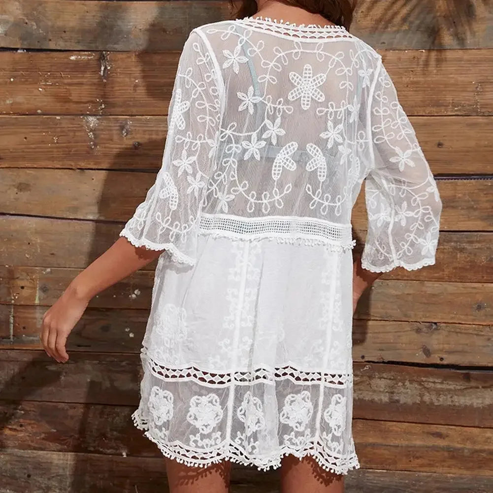 Bikini Cover-up Deep V-neck Short Sleeve Dress - Piña Colada