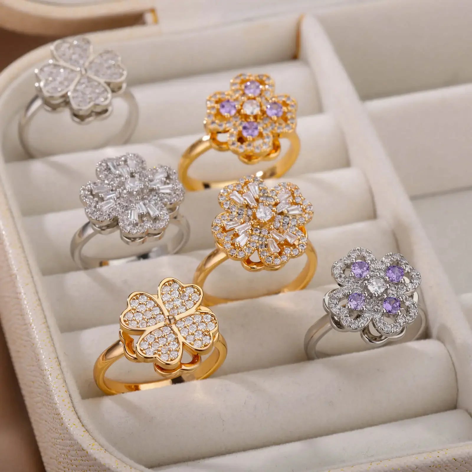 Spinner Zircon Heart Four Leaf Clover Rings - Piña Colada