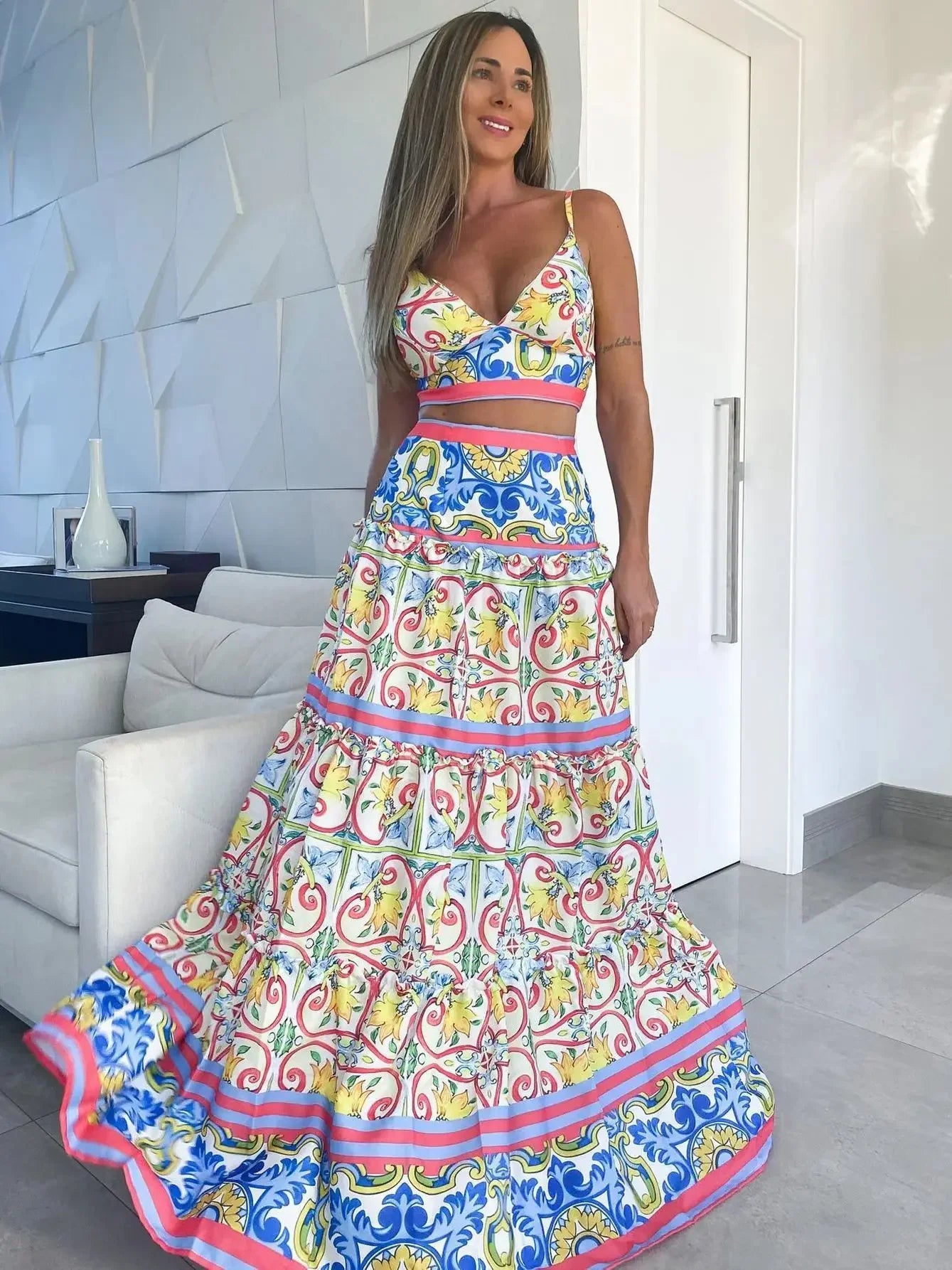 Draped Print V-Neck Maxi Dress – Beachwear Edition - Piña Colada