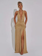 Mozision Sequin V-Neck Floor-Length Dress – Sexy & Club Evening Gown - Piña Colada