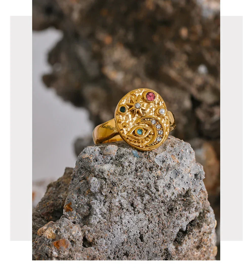 Stainless Steel Star Moon Eye Charms Ring - Piña Colada
