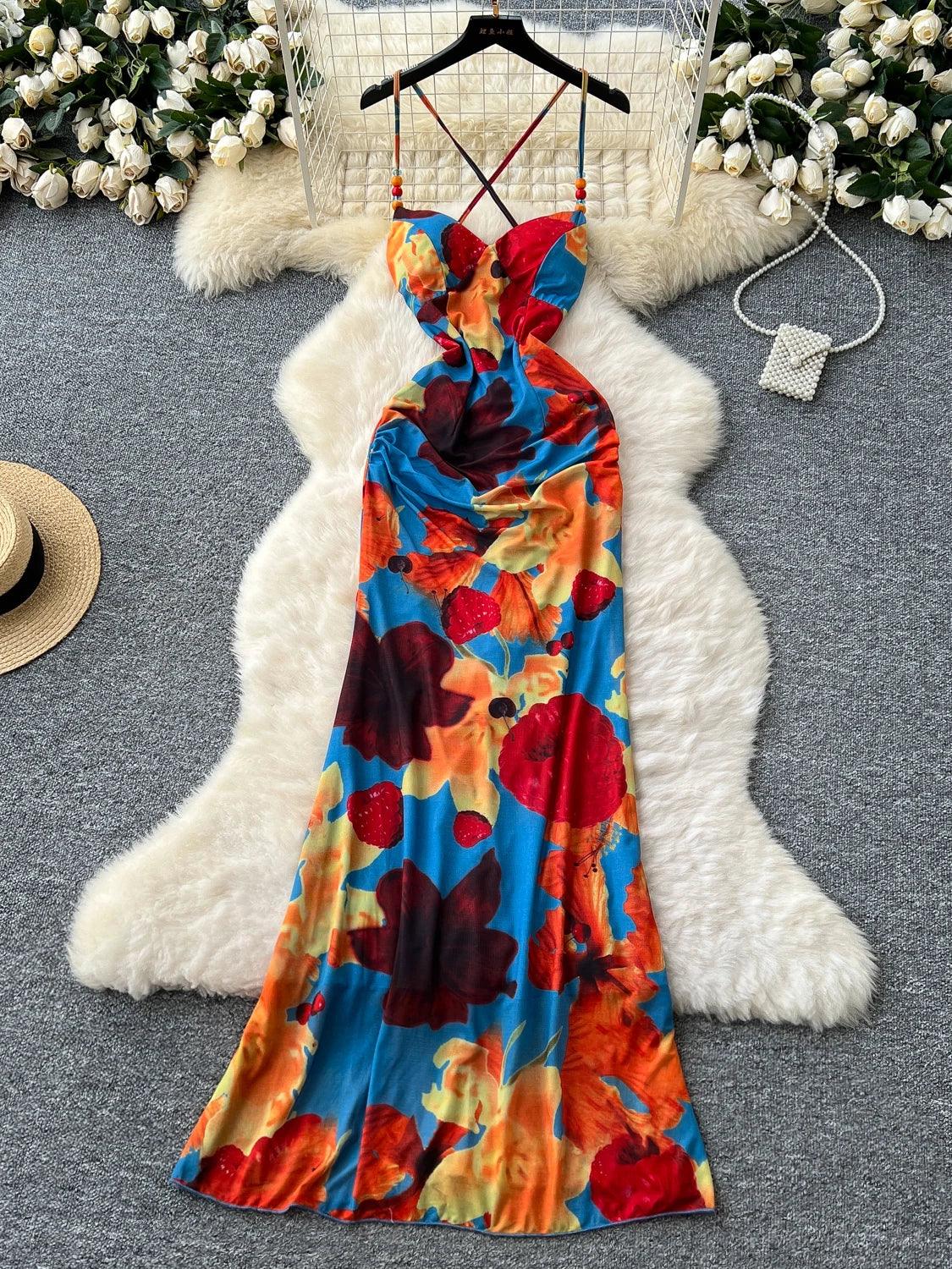 Boho Print Sleeveless Mid-Calf Dress - Piña Colada