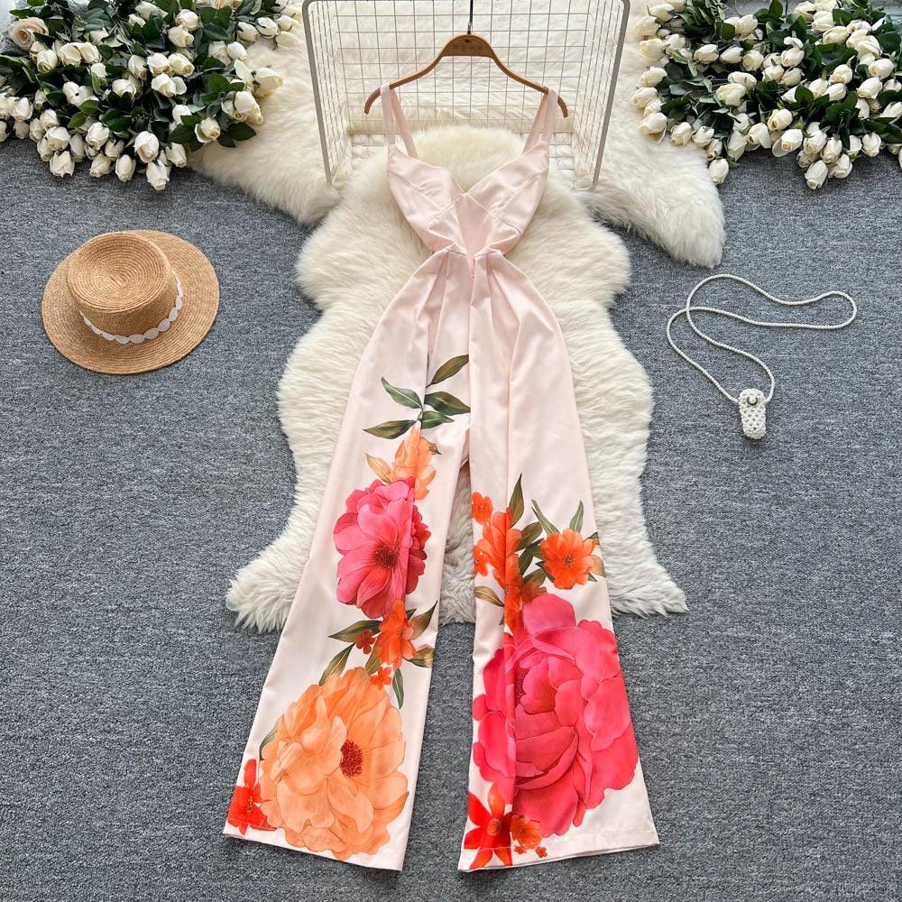 Vintage Printed Jumpsuit for Women – Full-Length Summer Romper with Mid Waist - Piña Colada