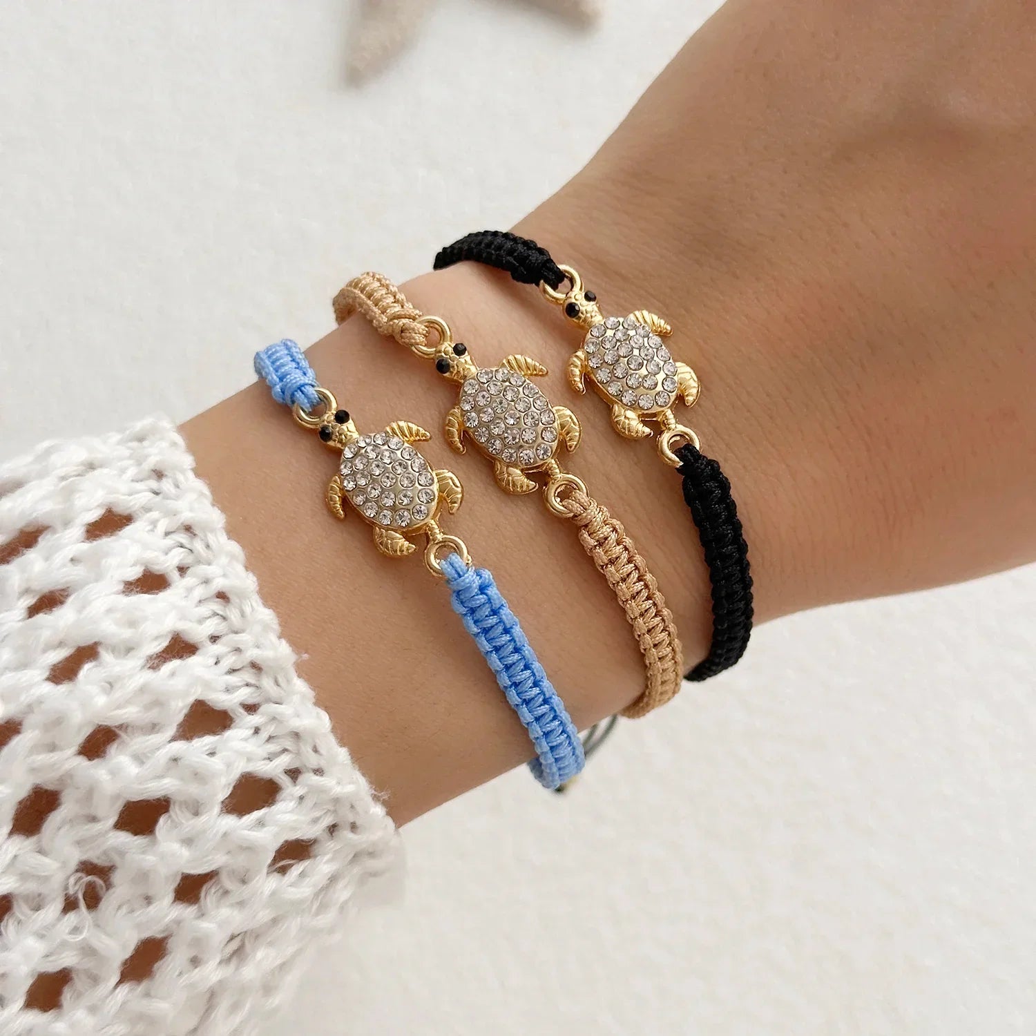 Bohemian Rhinestone Sea Turtle Woven Bracelet - Piña Colada