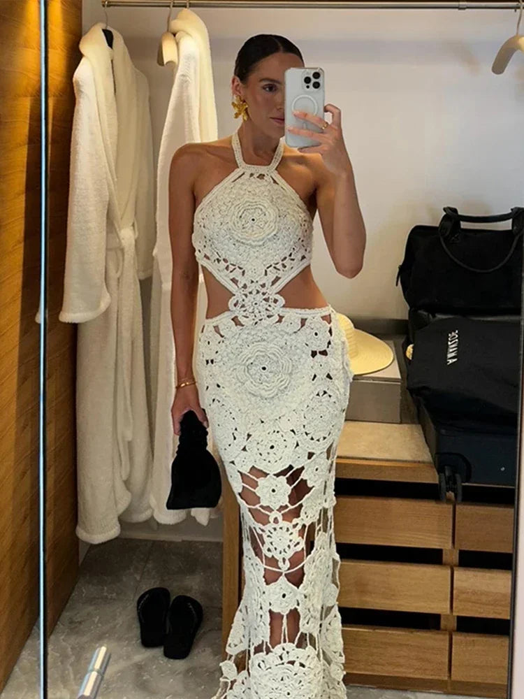 Crochet Halter Maxi Dress - Piña Colada