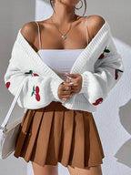 Embroidered Cherry Knit Cardigan - Piña Colada