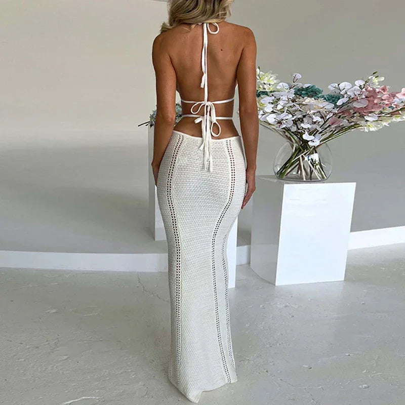 Backless Hollow-Out Knit Cover-Up Dress – Beach Vacation Style - Piña Colada