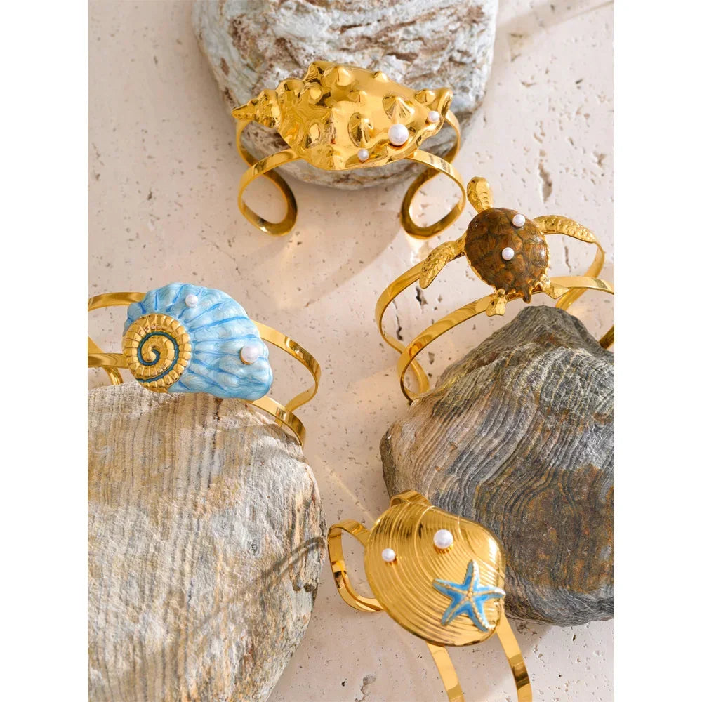 Conch Turtle Shell Wide Cuff Bracelet - Piña Colada