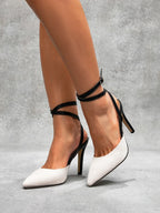 High Heel Canvas Slingback Pumps – Buckle Strap & Pointed Toe - Piña Colada