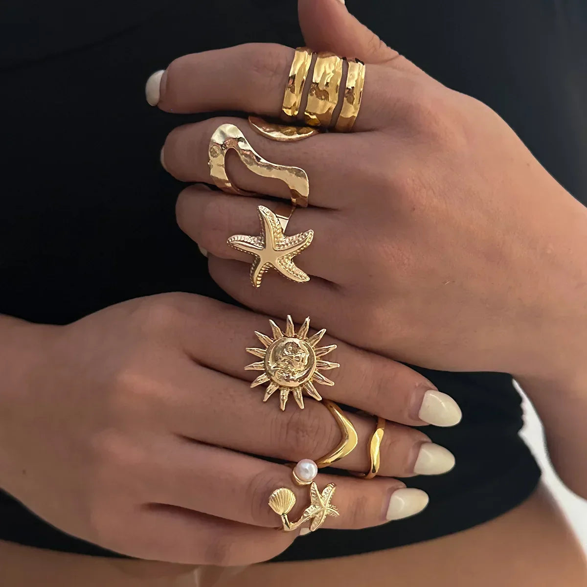 6Pcs/Set Vintage Sun Starfish Open Rings - Piña Colada