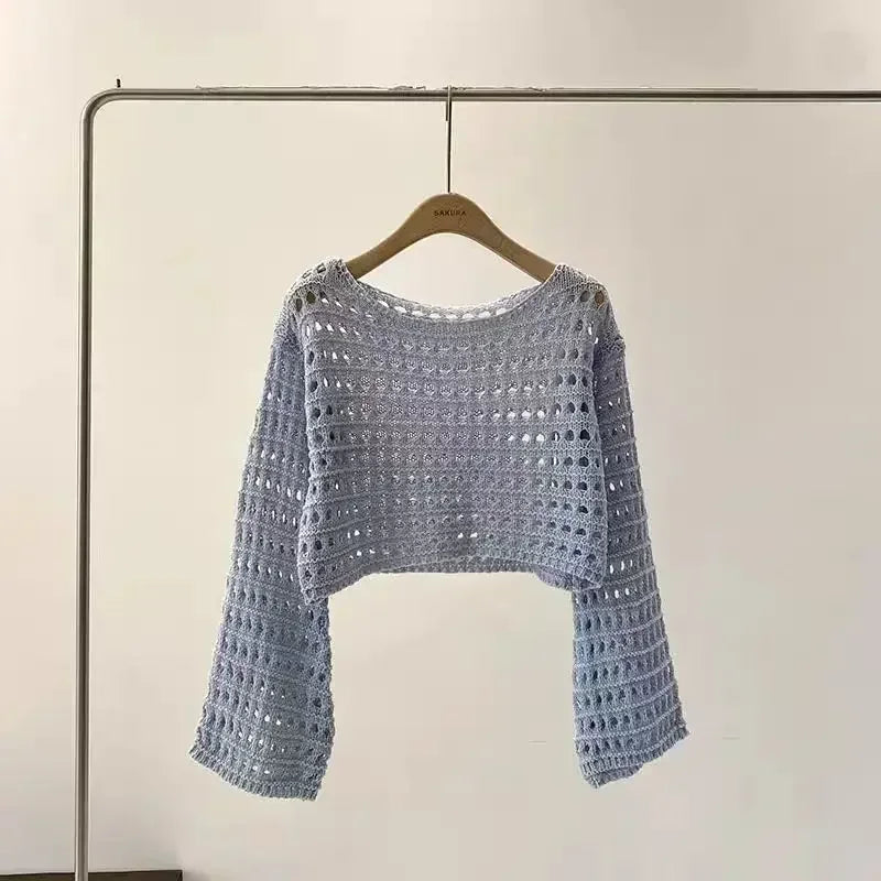 Boho Crochet Hollow-Out Knit Top – Y2K Style Long Sleeve Pullover - Piña Colada