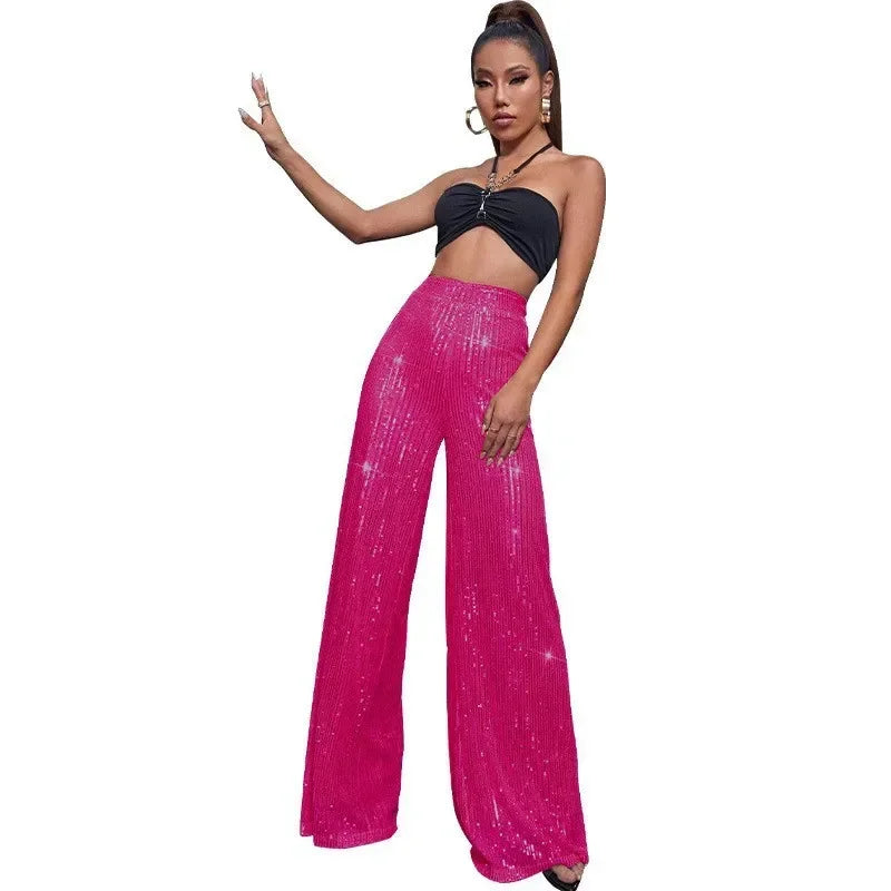 High Waist Loose Sequin Wide Leg Pants - Piña Colada