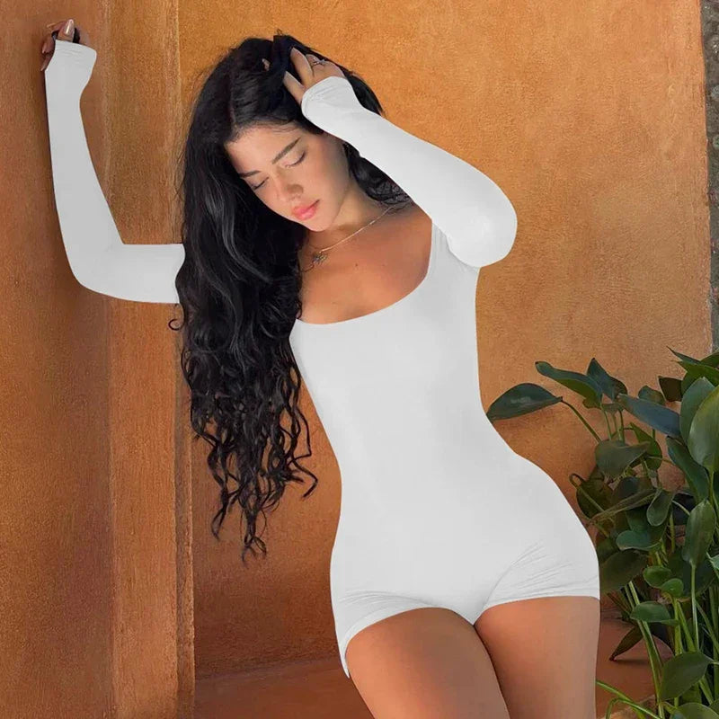 Long Sleeves Backless Solid Lace Up Sexy Slim Skinny Romper - Piña Colada