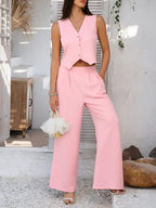 Summer V-Neck Button Crop Top & Wide-Leg Pants Set - Piña Colada