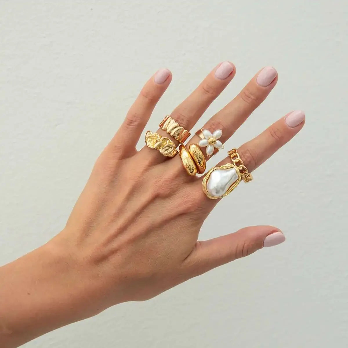 6Pcs/set Pearl Open Irregular Pleated Rings - Piña Colada