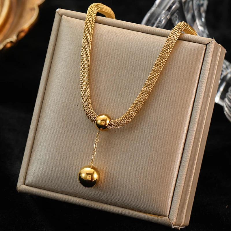 Trendy Stainless Steel Ball Pendant Necklace for Women - Piña Colada