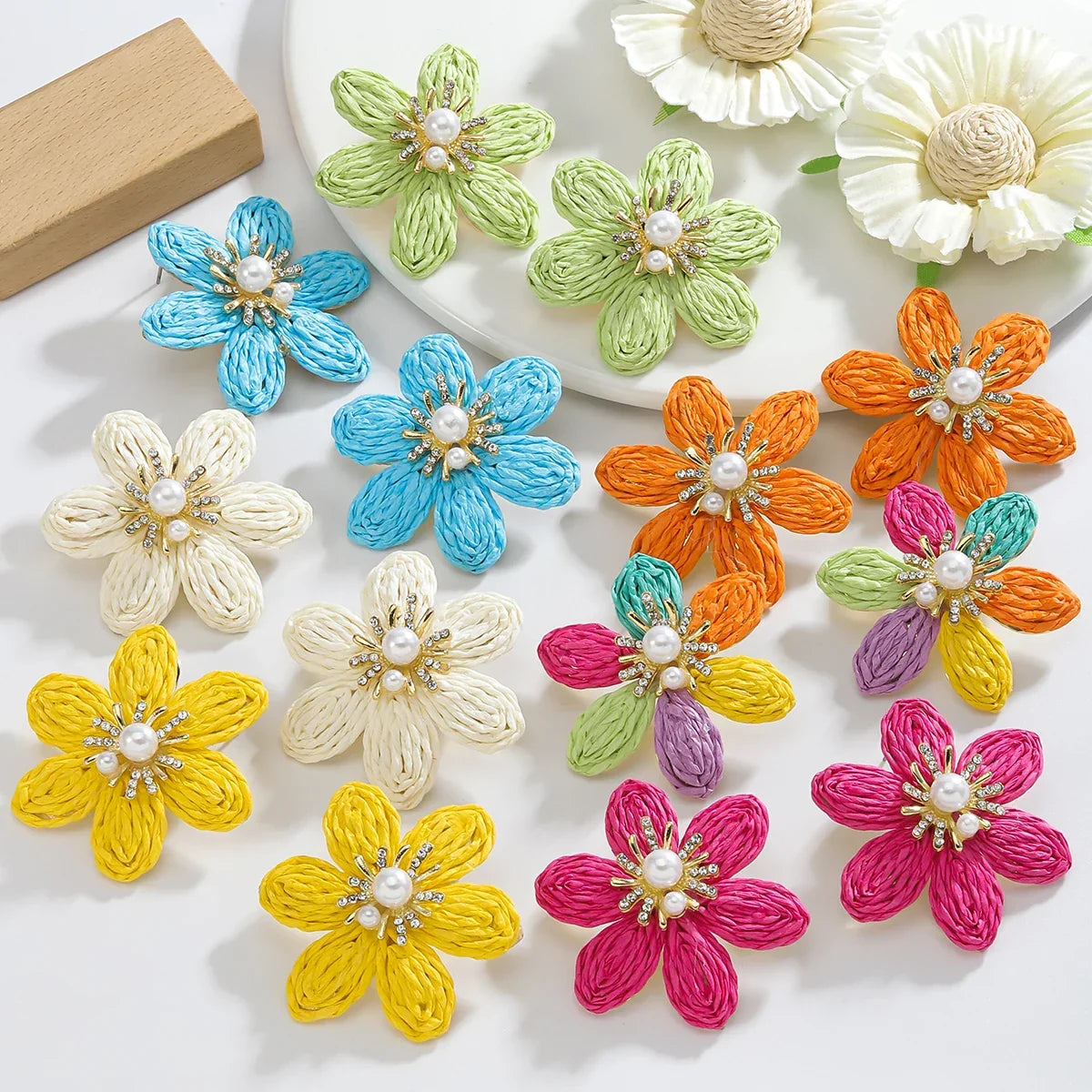 Bohemian Colorful Flower Drop Earrings – Handmade Rhinestone & Pearl Holiday Jewelry for Women - Piña Colada