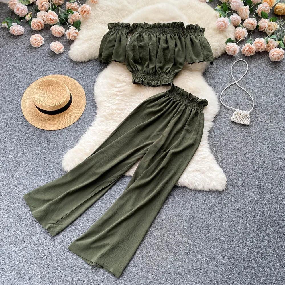 Two Piece Set High Waist Wide Leg Pants - Piña Colada