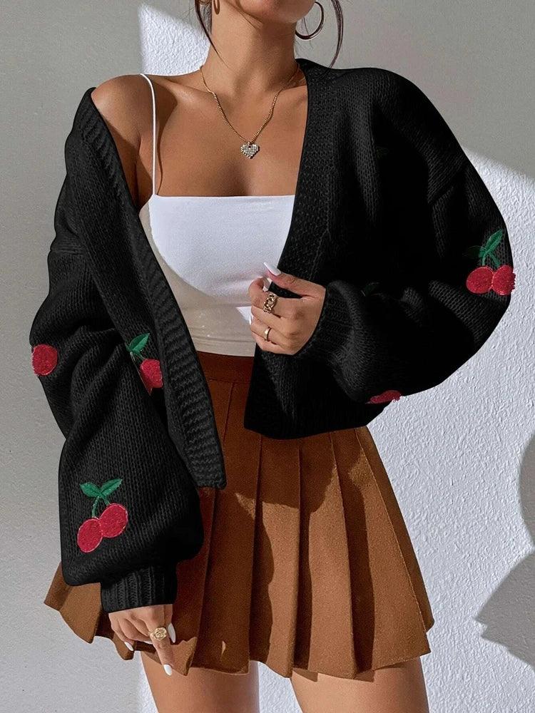 Embroidered Cherry Knit Cardigan - Piña Colada