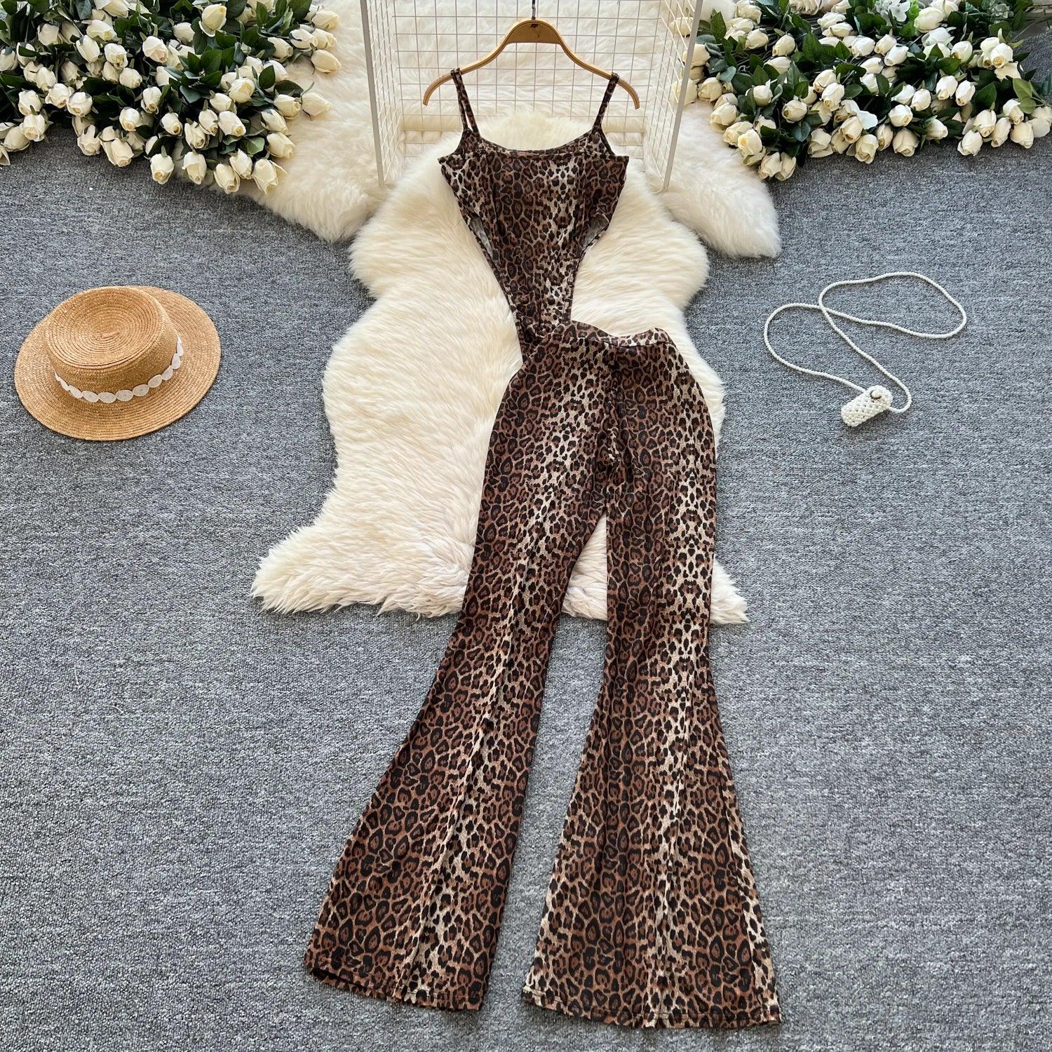 Leopard 2pcs Suits Women Tops+Elastic Waist Flared Pants - Piña Colada