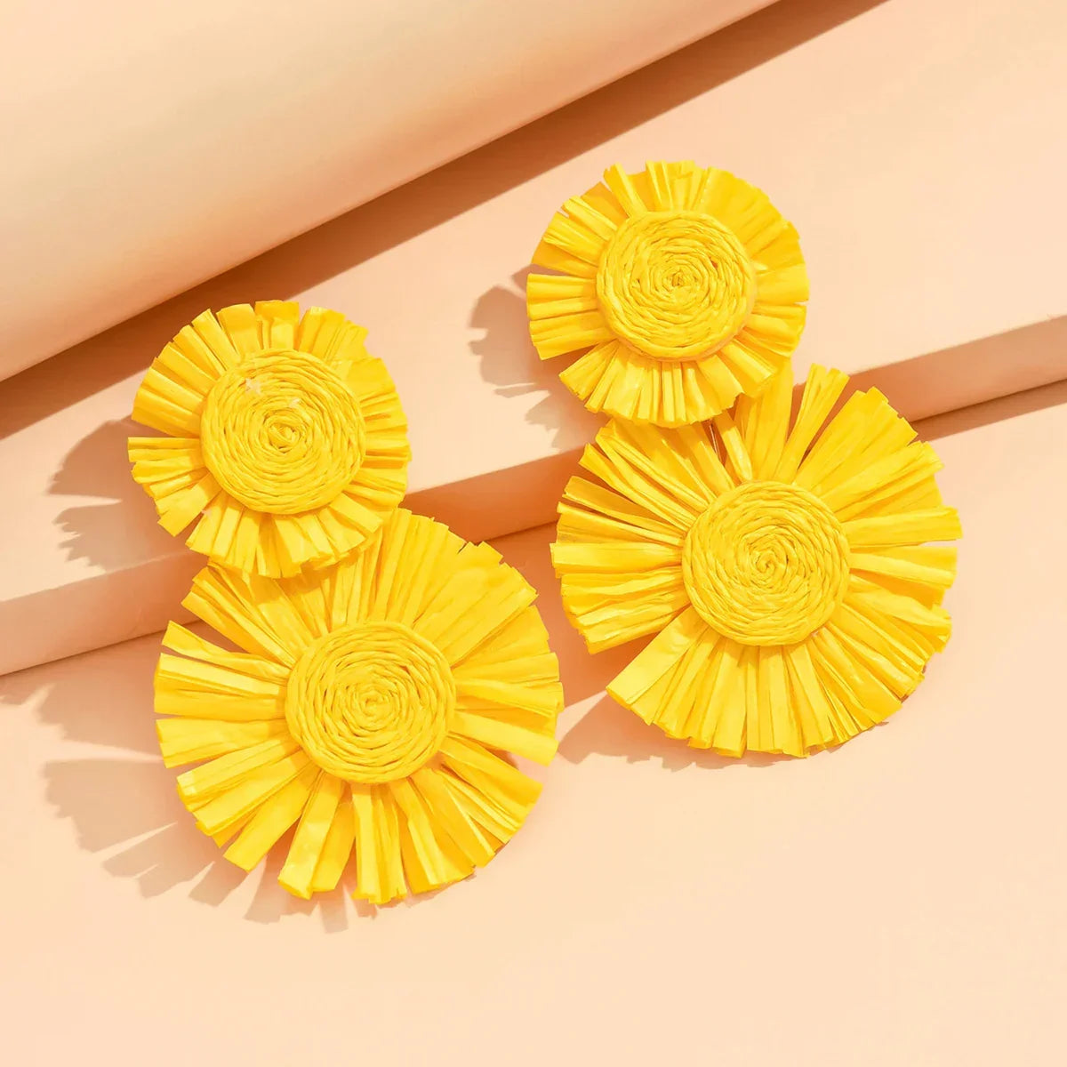 Sunflower Bohemian Hand-Woven Raffia Earrings - Piña Colada