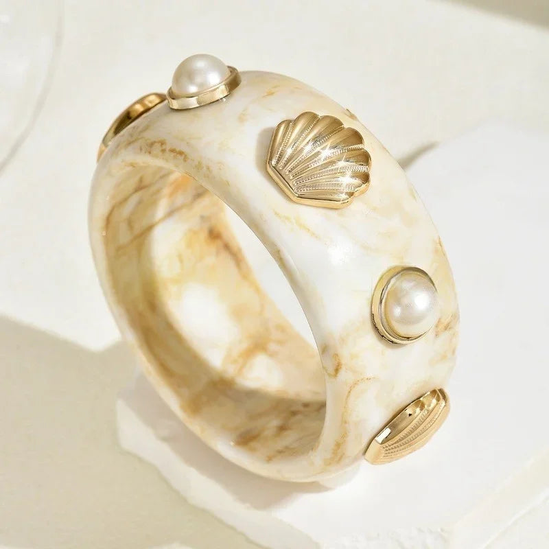 Resin Pearl Shell Wide Bangles - Piña Colada