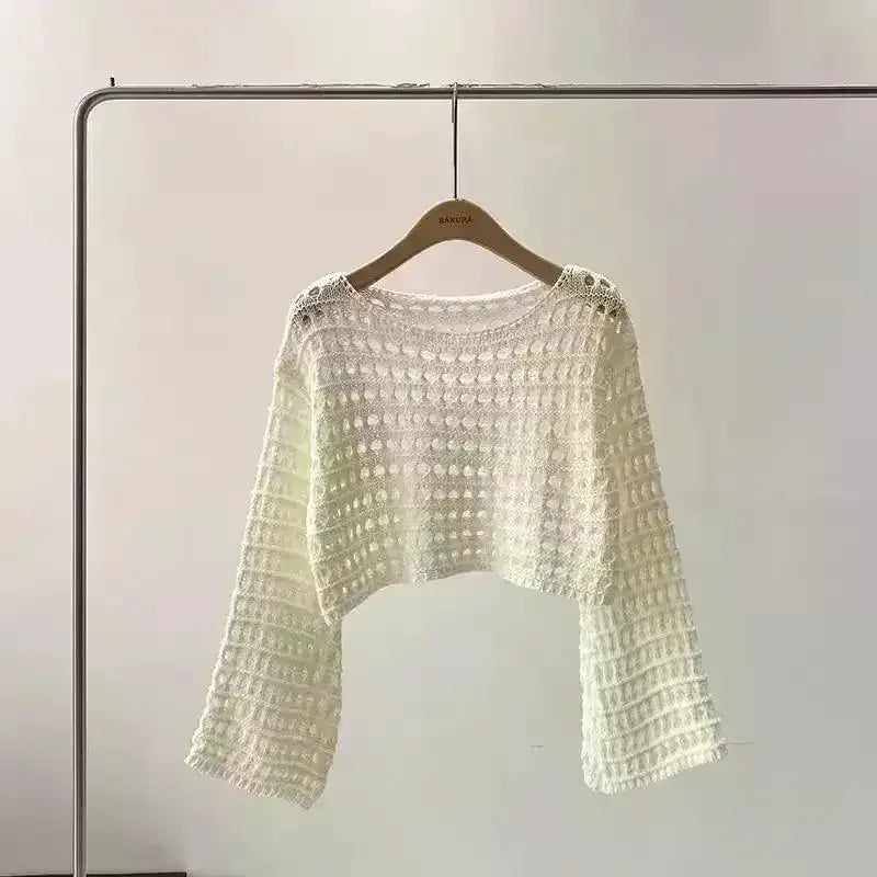 Boho Crochet Hollow-Out Knit Top – Y2K Style Long Sleeve Pullover - Piña Colada