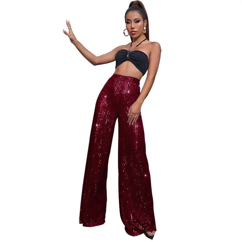 High Waist Loose Sequin Wide Leg Pants - Piña Colada