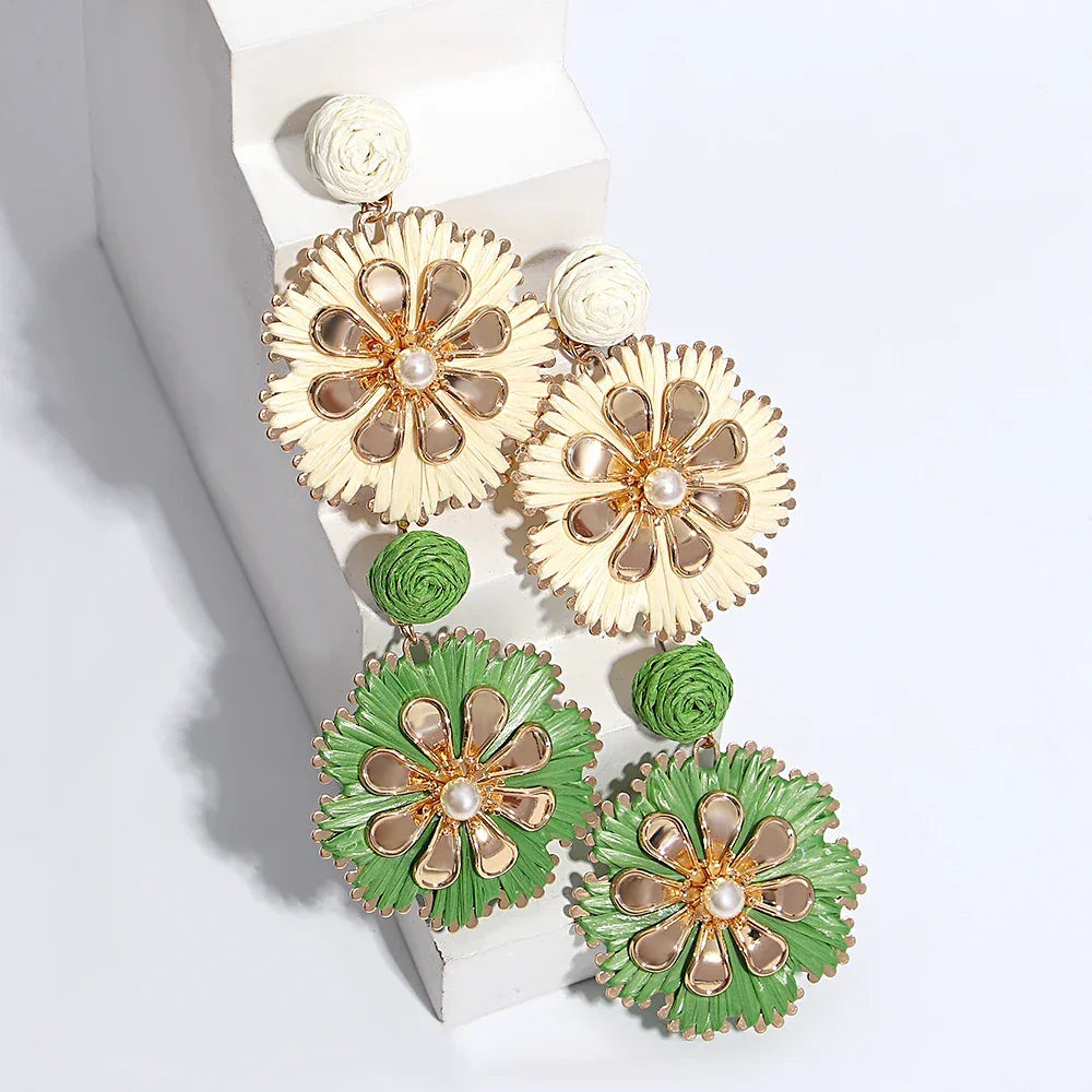 Rattan Plaited Flower Design Pearl Earrings - Piña Colada
