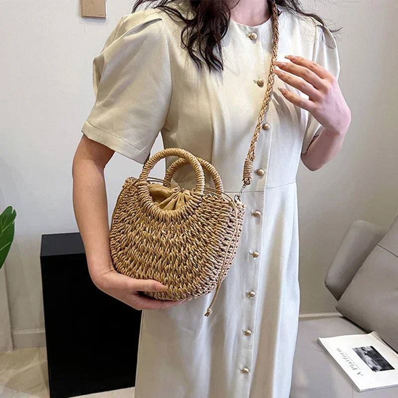 Straw Rattan Half-Moon Beach Handbag - Piña Colada