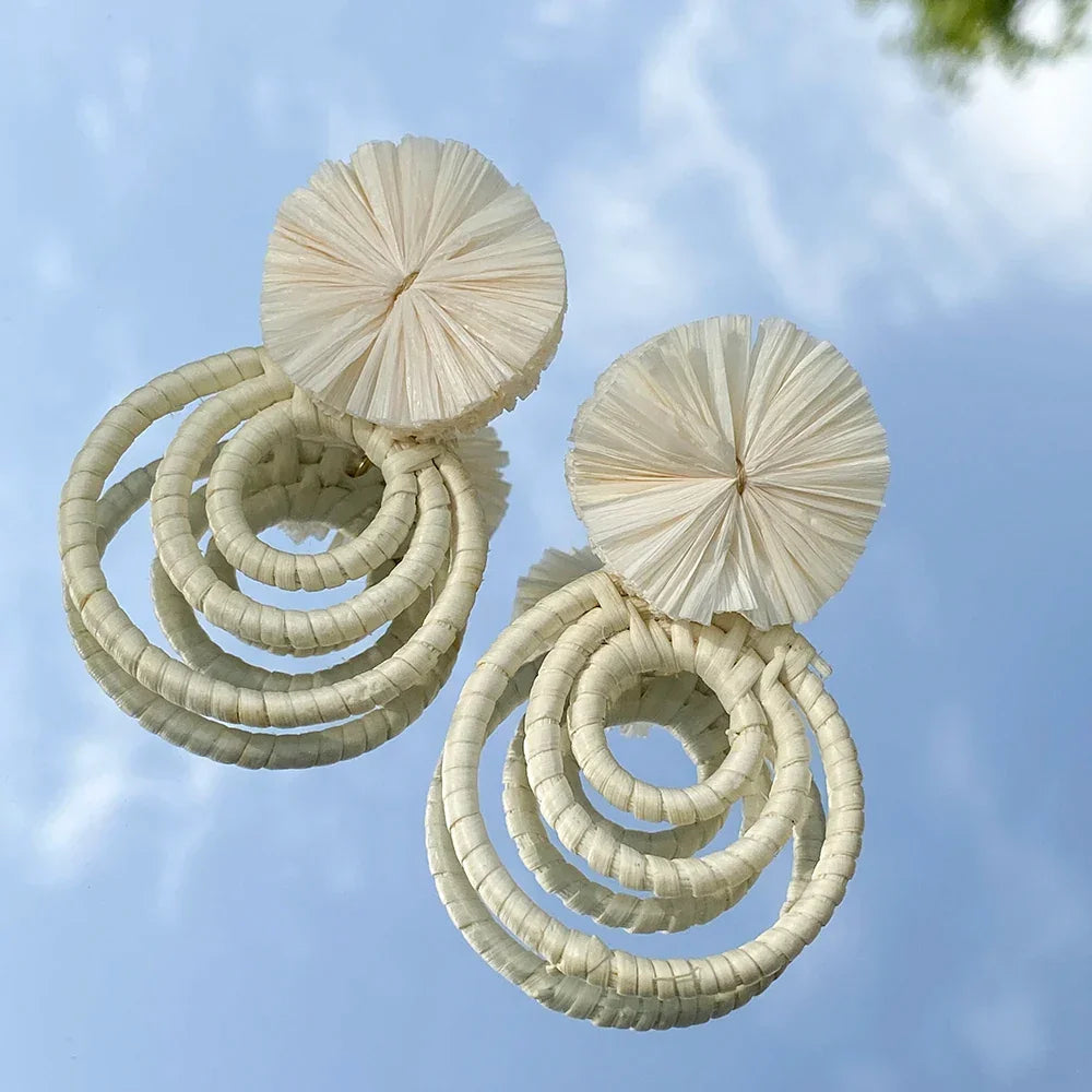 Handmade Two Tone Rattan Knit Wrapped Round Drop Earrings for Women - Piña Colada