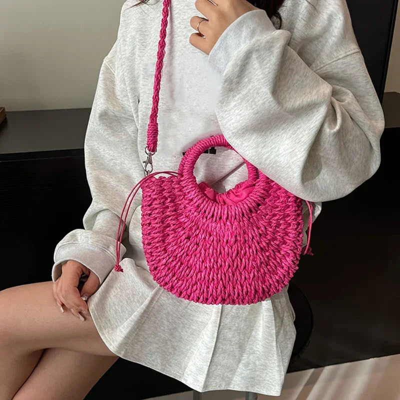 Boho Rattan Half-Moon Crossbody Bag – Handwoven Summer Straw Shoulder Purse - Piña Colada
