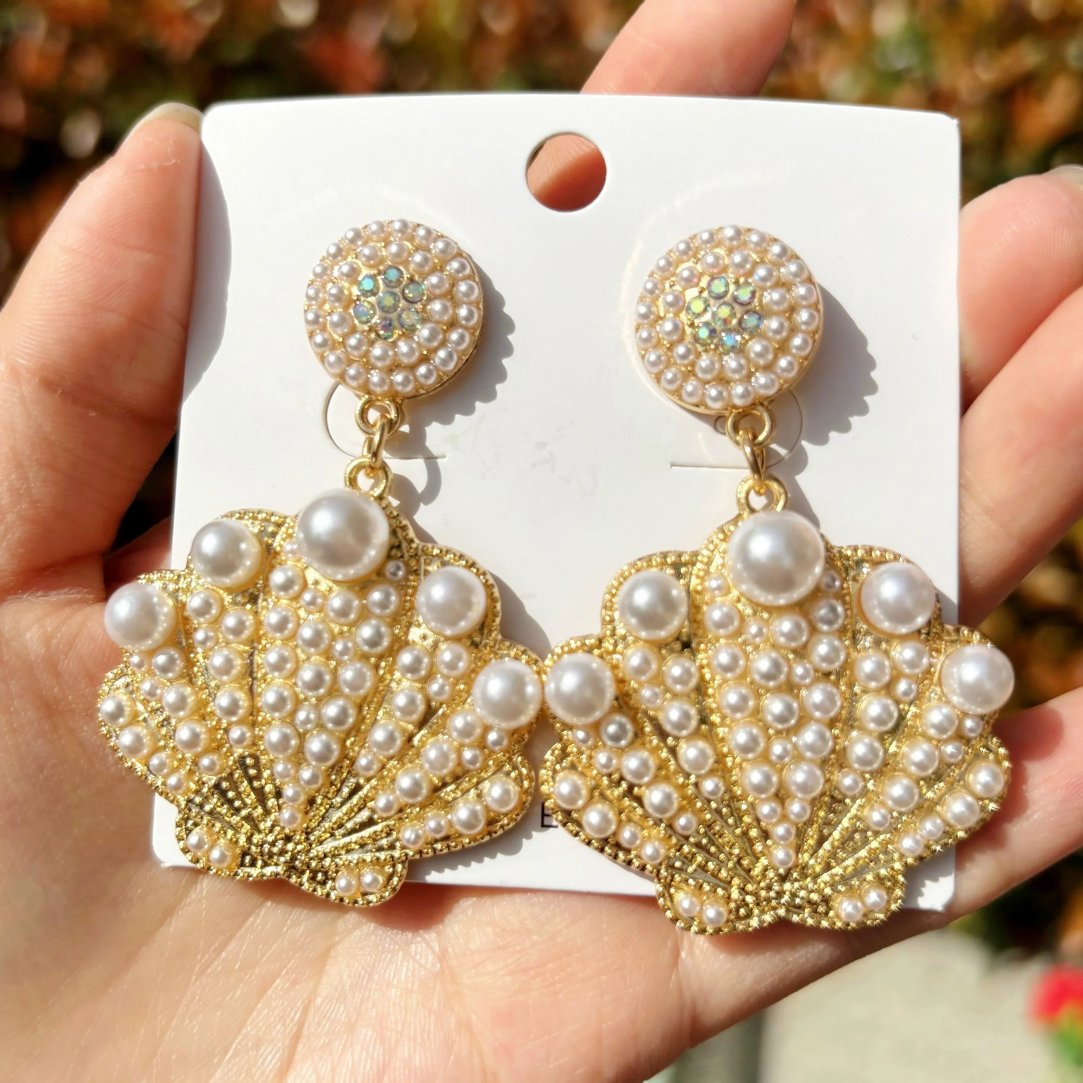 Bling Faux Pearl Shell Drop Earrings - Piña Colada