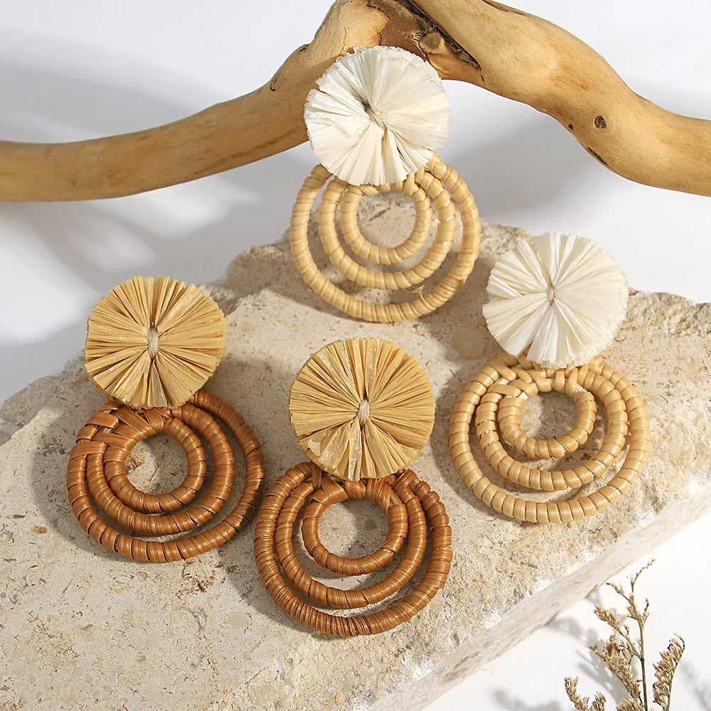 Handmade Two Tone Rattan Knit Wrapped Round Drop Earrings for Women - Piña Colada
