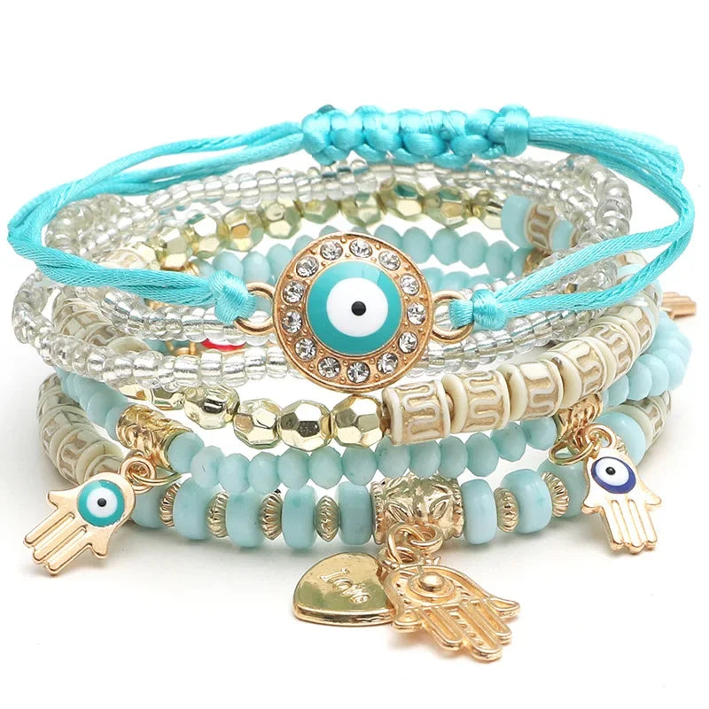 Bohemian Evil Eye Tassel Bracelet Set - Piña Colada
