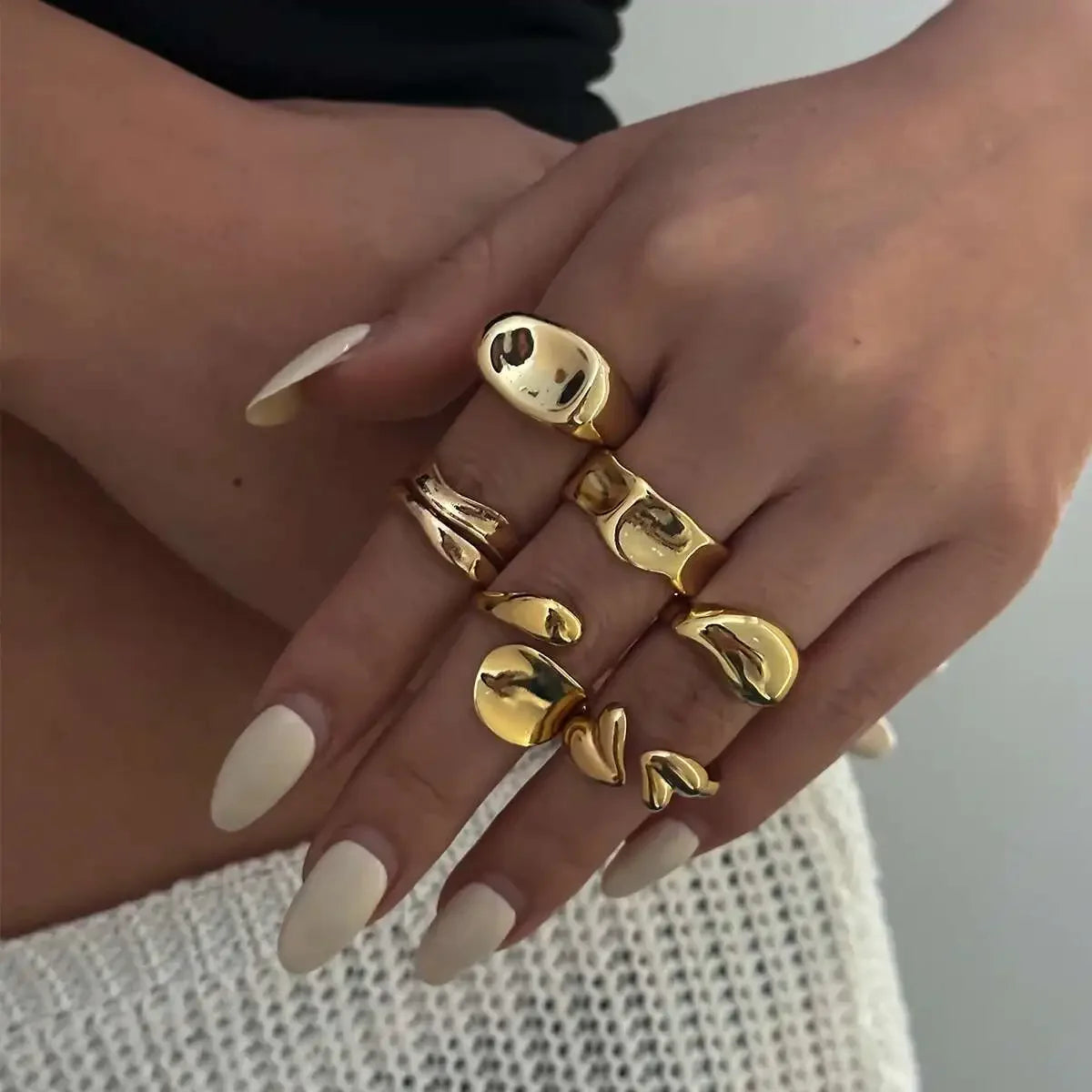 6Pcs/set Pearl Open Irregular Pleated Rings - Piña Colada