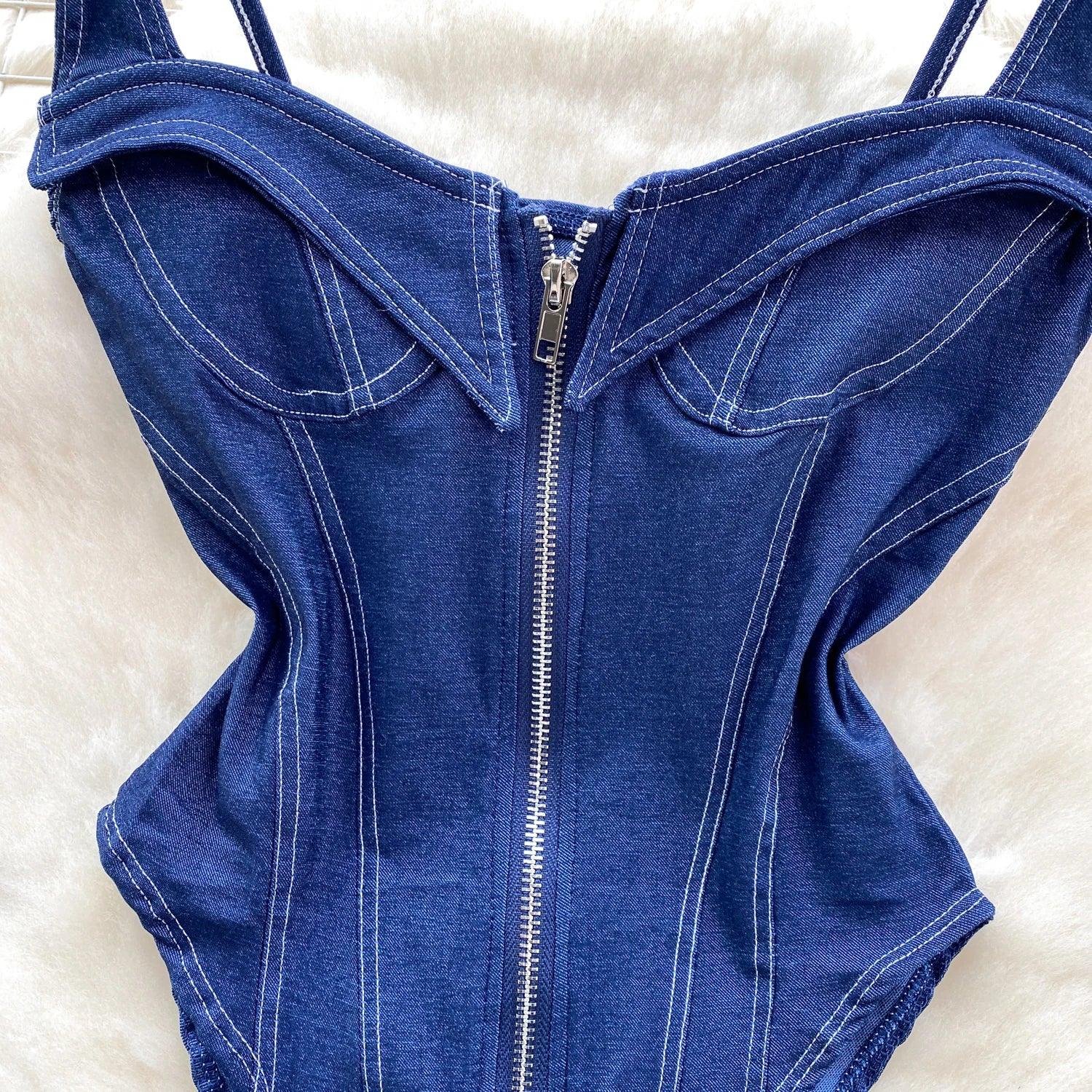 Vintage Zipper Detail High Waist Skinny Romper - Piña Colada