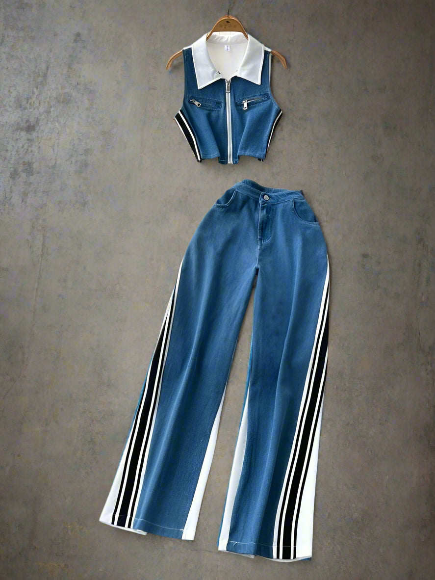 Patchwork Denim Two-Piece Set - Piña Colada