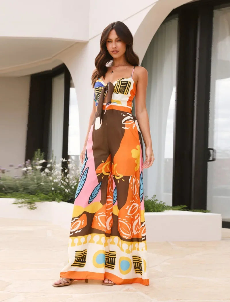 Boho Print Spaghetti Strap Jumpsuit - Piña Colada