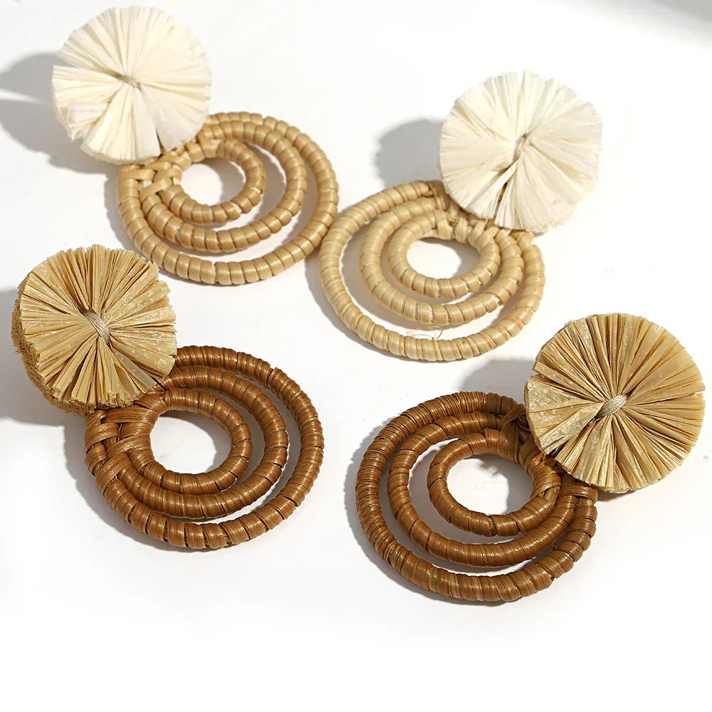 Handmade Two Tone Rattan Knit Wrapped Round Drop Earrings for Women - Piña Colada