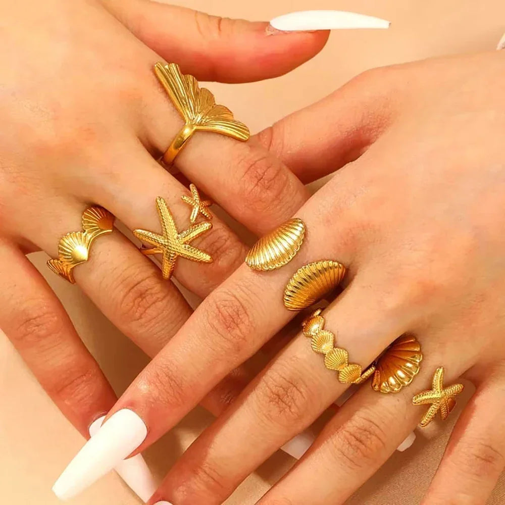 Gold Ocean Starfish & Shell Open Ring - Piña Colada