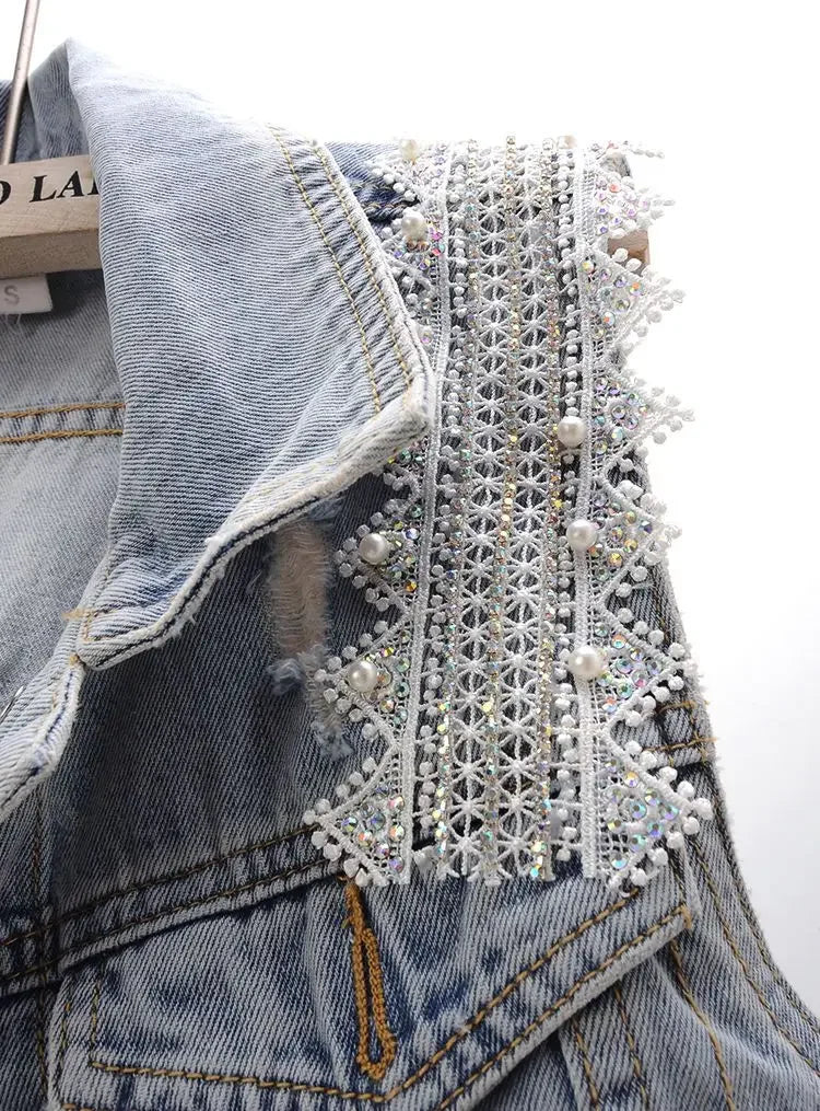 Beaded Lace Denim Vest - Piña Colada