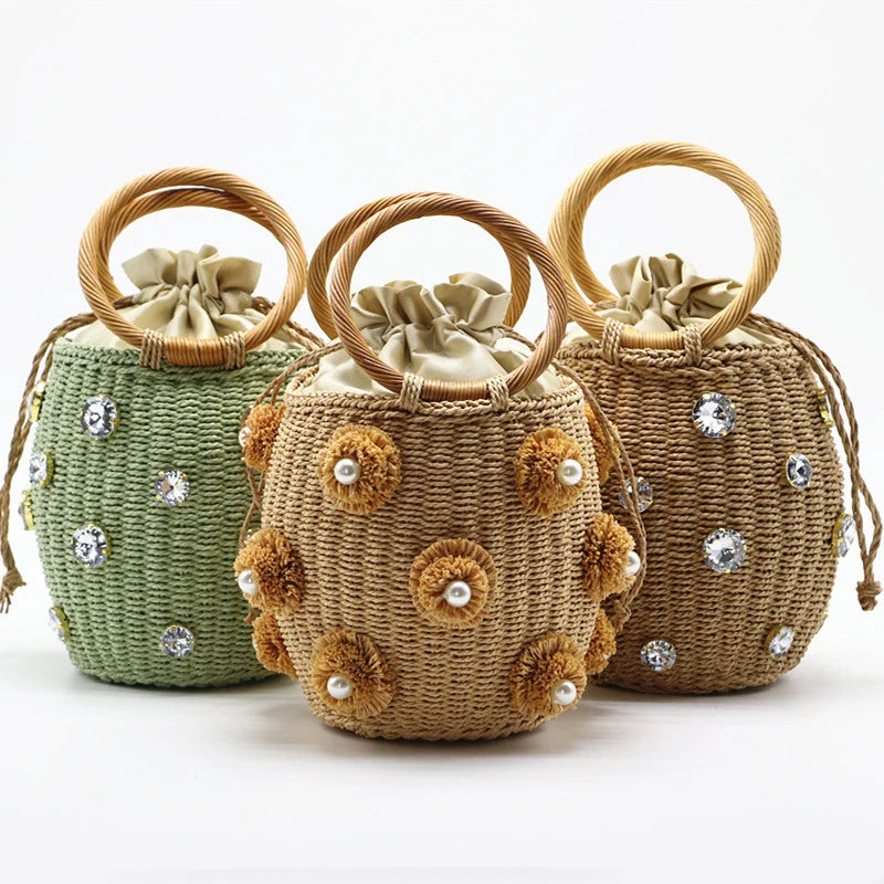 Embellished Straw Bucket Bag
