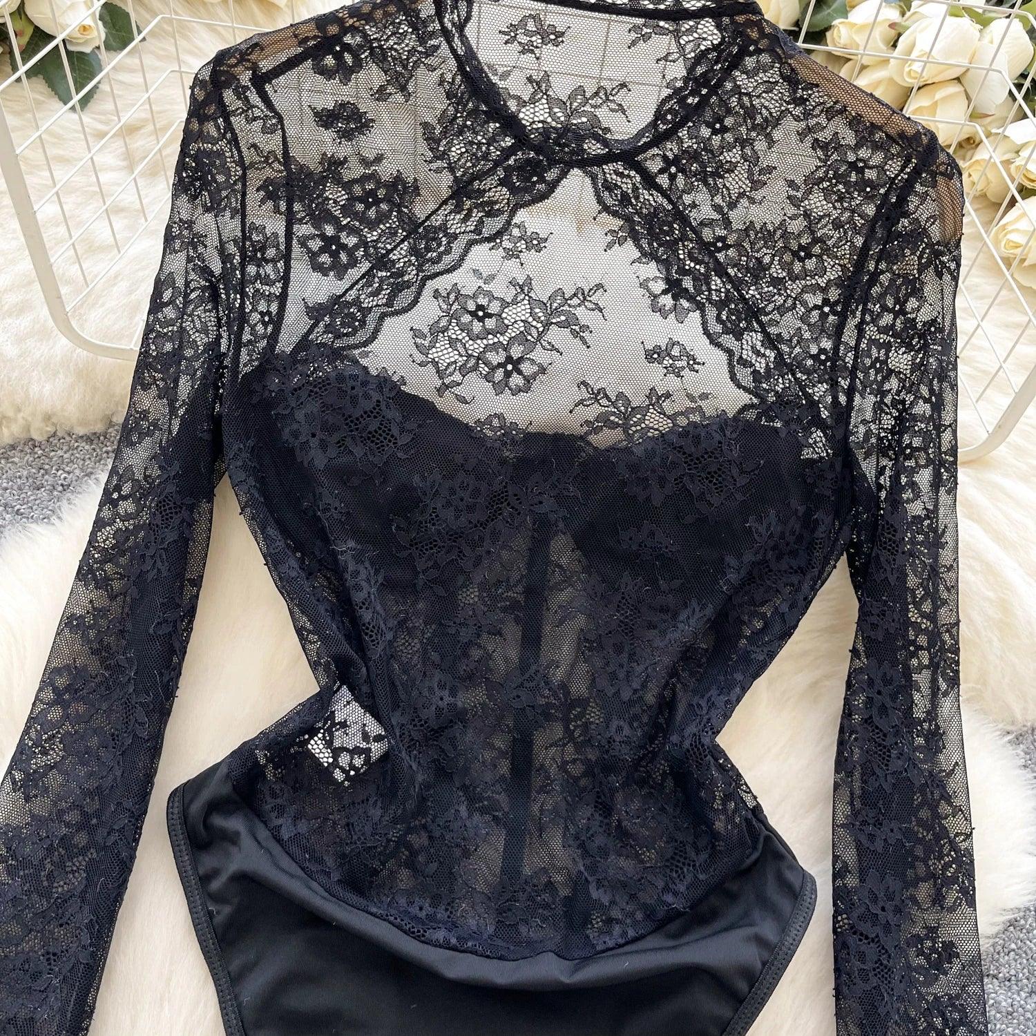 Lace Patchwork Long Sleeve Bodysuit - Piña Colada