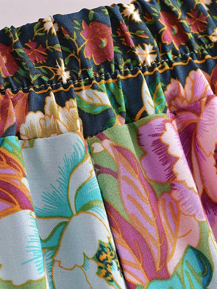 Peacock Floral Print Bohemian Wide Leg Pants - Piña Colada