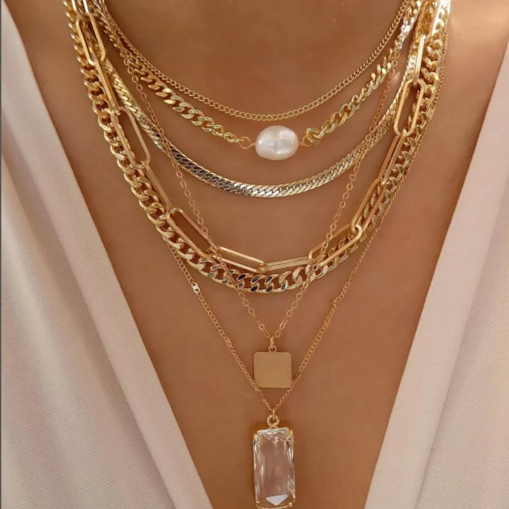 Boho Multi-Layer Gold Crystal Pendant Necklace Set - Piña Colada