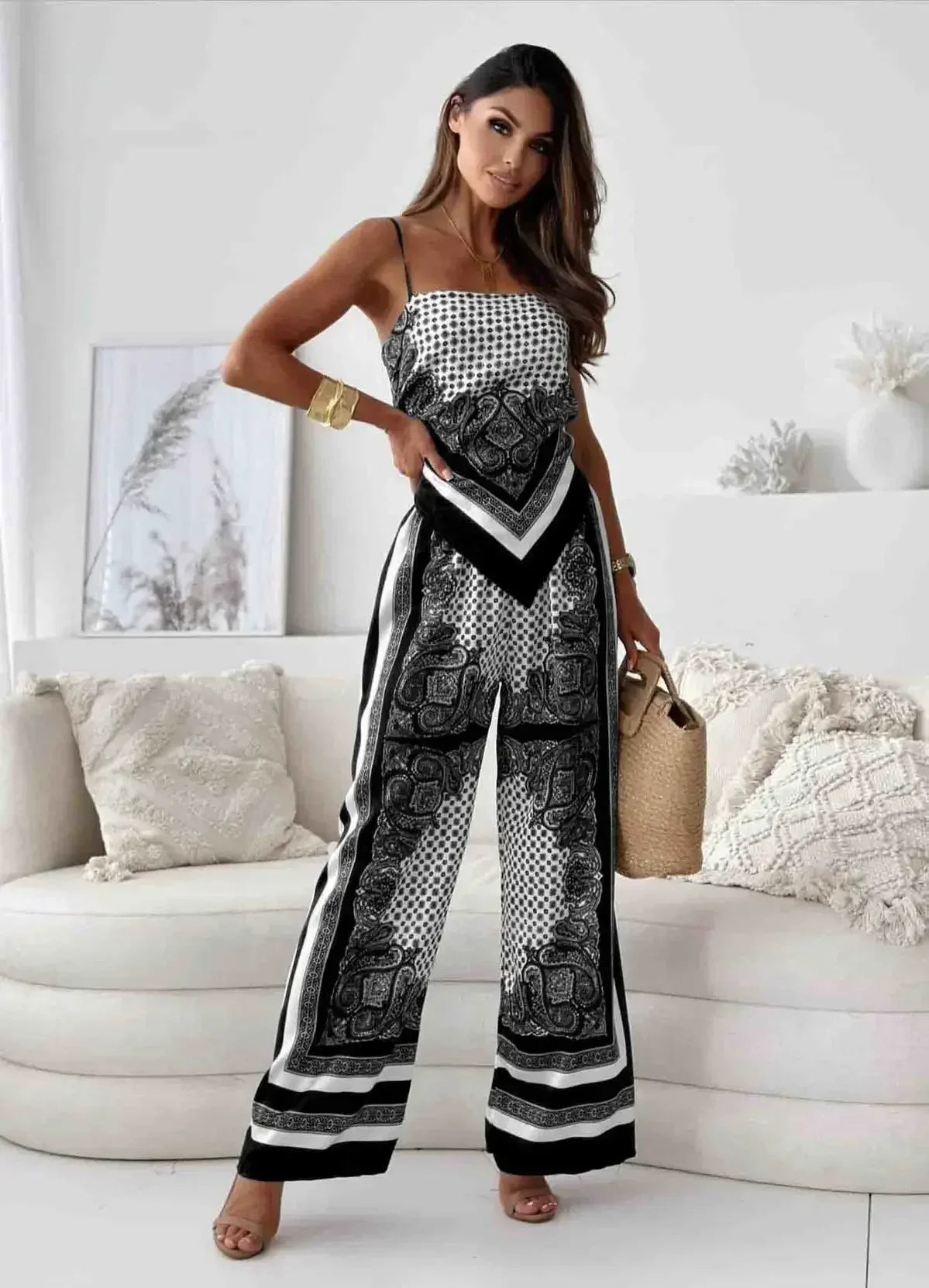 Satin Print Lace-Up Top & Wide-Leg - Piña Colada