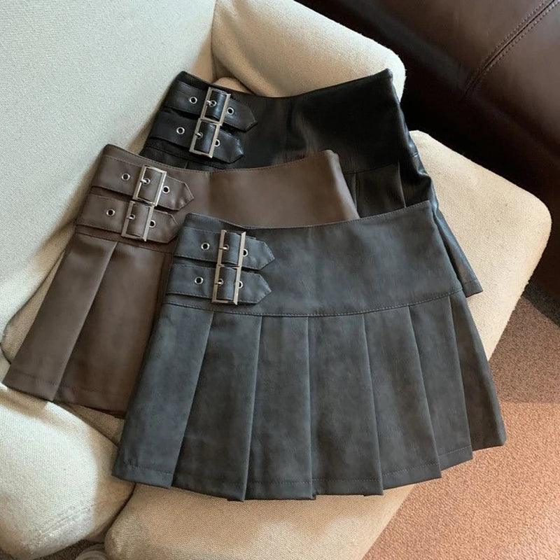 Leather Mini Skirts High Waist Pleated - Piña Colada