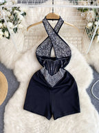 Rhinestone Beading Mesh Chic Halter Neck Sleeveless Backless - Piña Colada